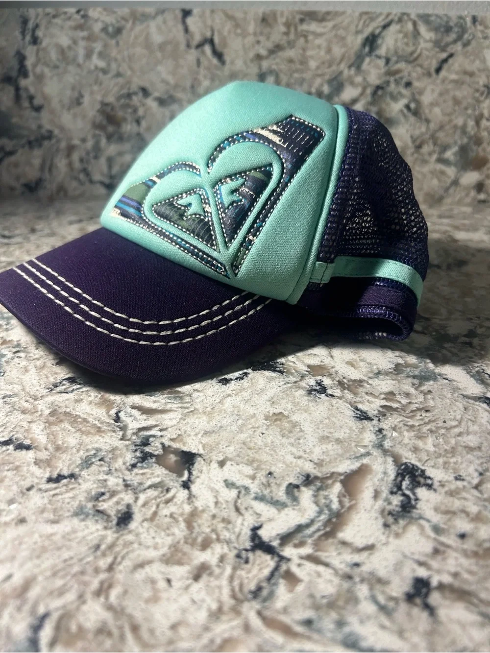 Y2K Roxy Mint and Purple Logo Trucker/surf Hat size small